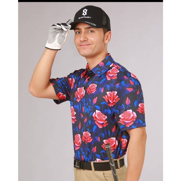 Suntasy Dry Fit Polo Golf Shirt,Midnight Rose Floral Prt., NEW, Small - Picture 5 of 5
